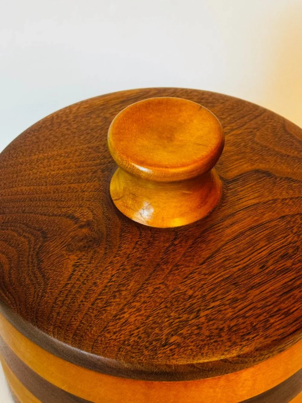 Handmade Turned Wood Round Box 7x7 Trinket Box with Lid 4 Layer Cabin READ